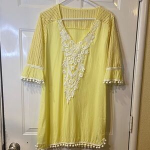 Yellow Boho Tunic Dress Lace Embroidered Pom Trim Beach Cover Up Small